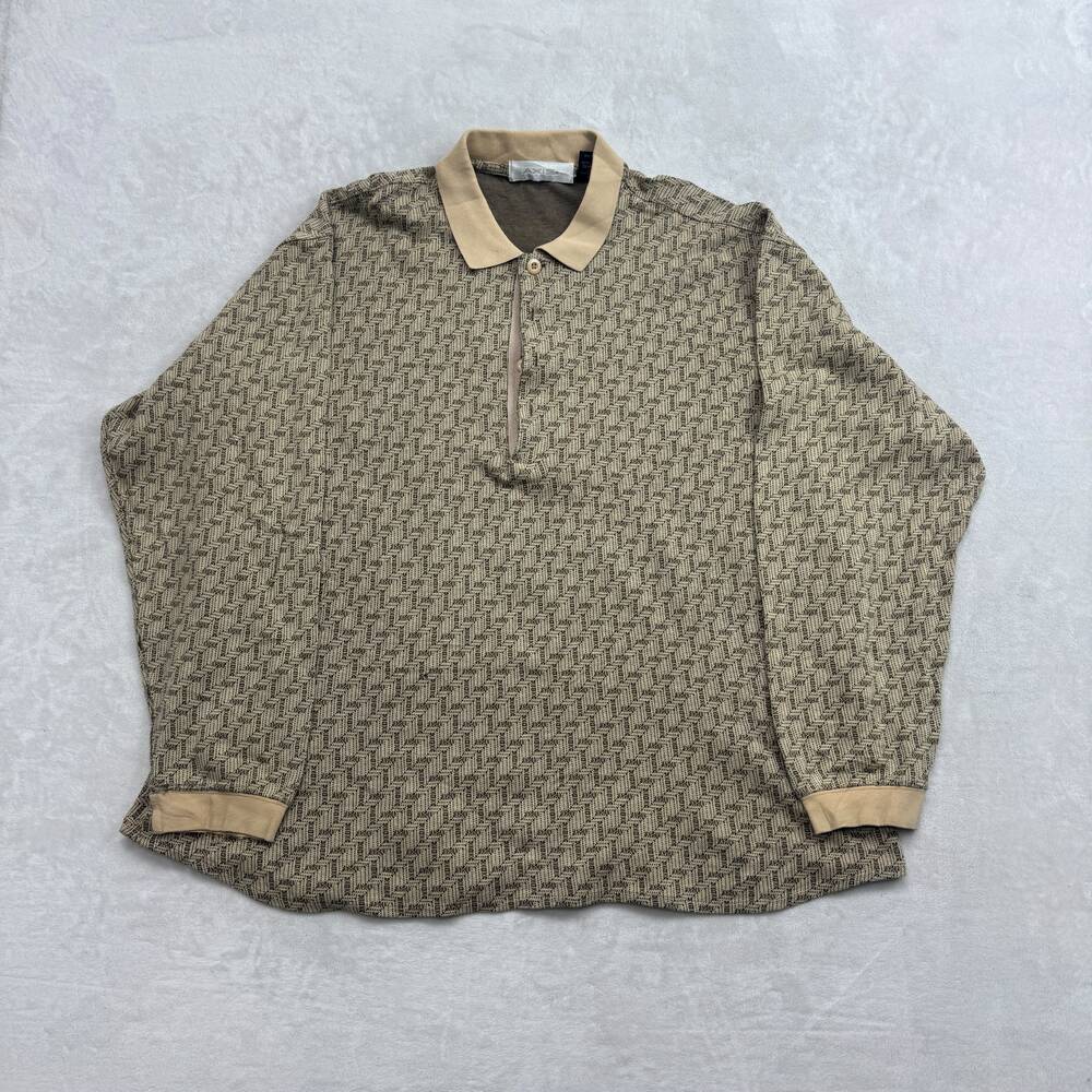 Axis Men's Long Sleeve Polo Shirt Tan Size XL Geometric Textured Pattern 90s USA